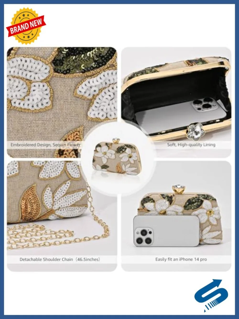 Beaded Embroidered Evening Clutch with Chain Floral Sequin Bag